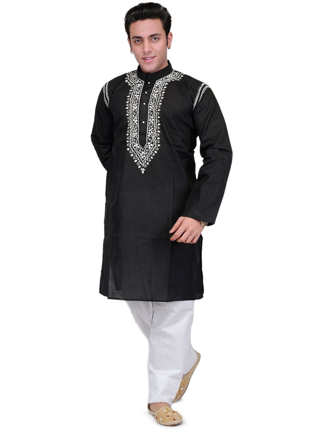 Exotic India Men Floral Embroidered Cotton Kurta with Pyjama-picture-19