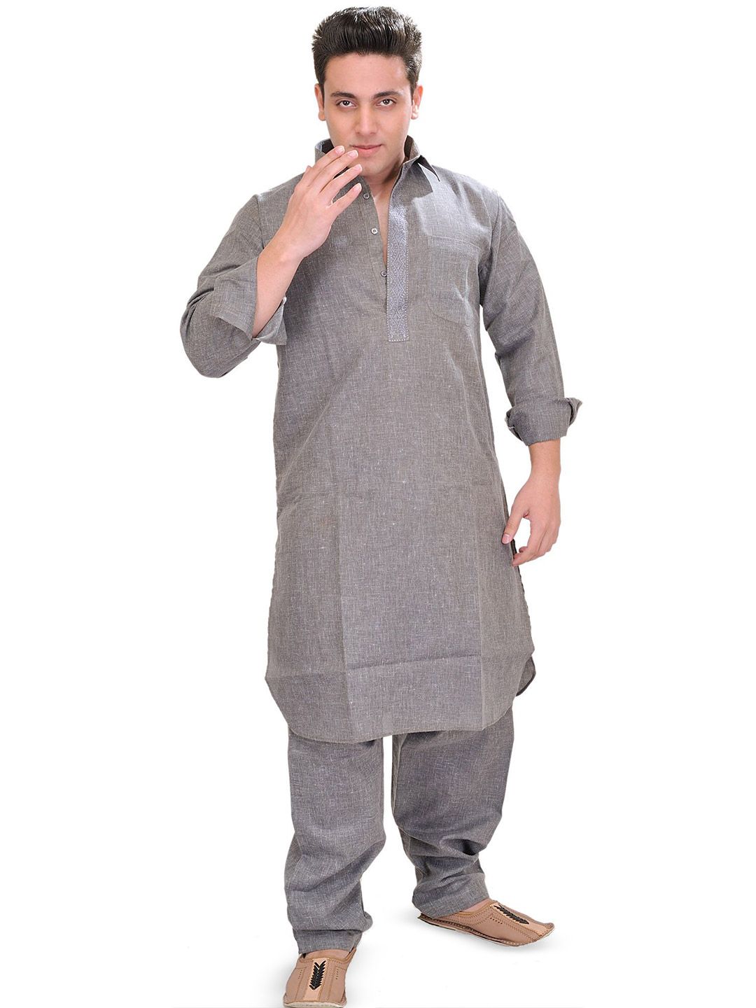 Exotic India Men Pure Cotton Plain Pathani Kurta Salwar with Thread Embroidery on Neck-picture-22
