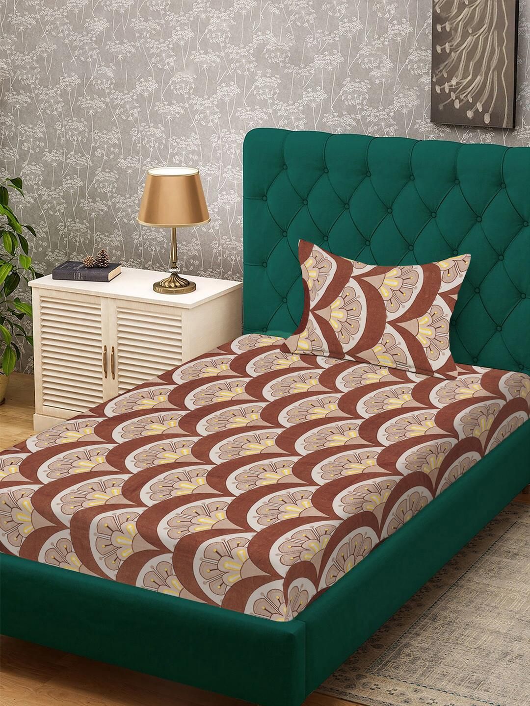 KLOTTHE Brown Floral 300 TC Single Bedsheet with 1 Pillow Covers-picture-37