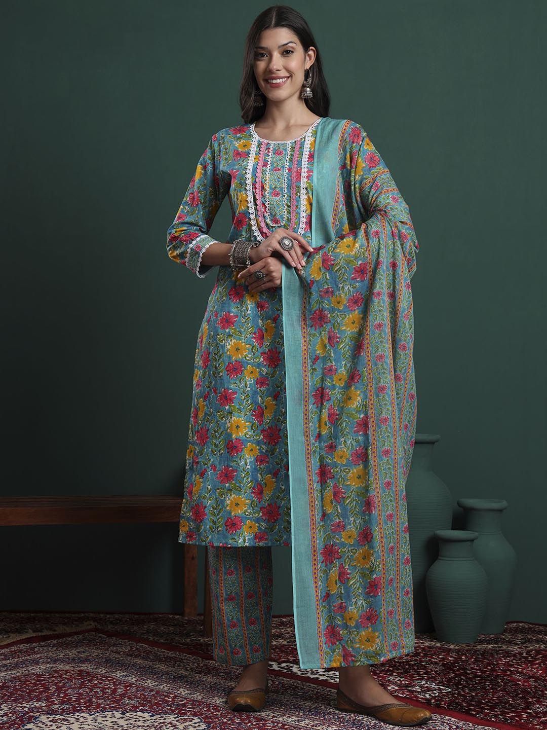 Yufta Floral Printed Pure Cotton Round Neck Straight Kurta With Trousers & Dupatta