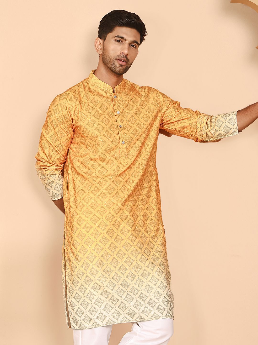 Jompers Floral Printed Chikankari Mandarin Collar Kurta