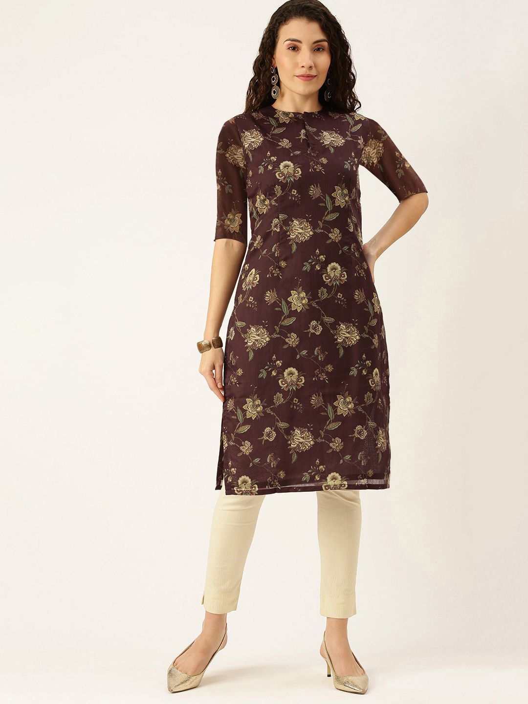 Red And White Geometrical Printed Boat Neck With V-Slit And 3/4Th Bell Sleeves Staright Kurta
