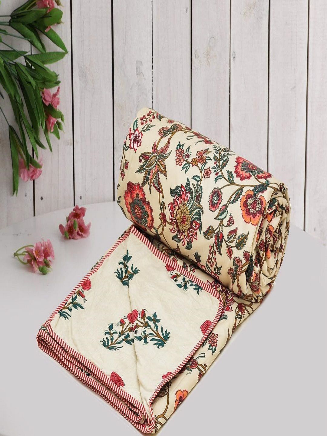 Aura Maroon & Cream-Coloured Floral Microfiber AC Room 150 GSM Single Bed Dohar-image-10