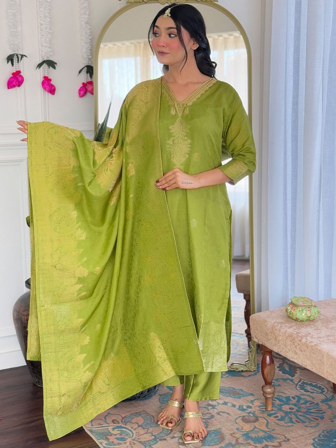 Moda Rapido Floral Woven Design V Neck Kurta With Trousers & Dupatta