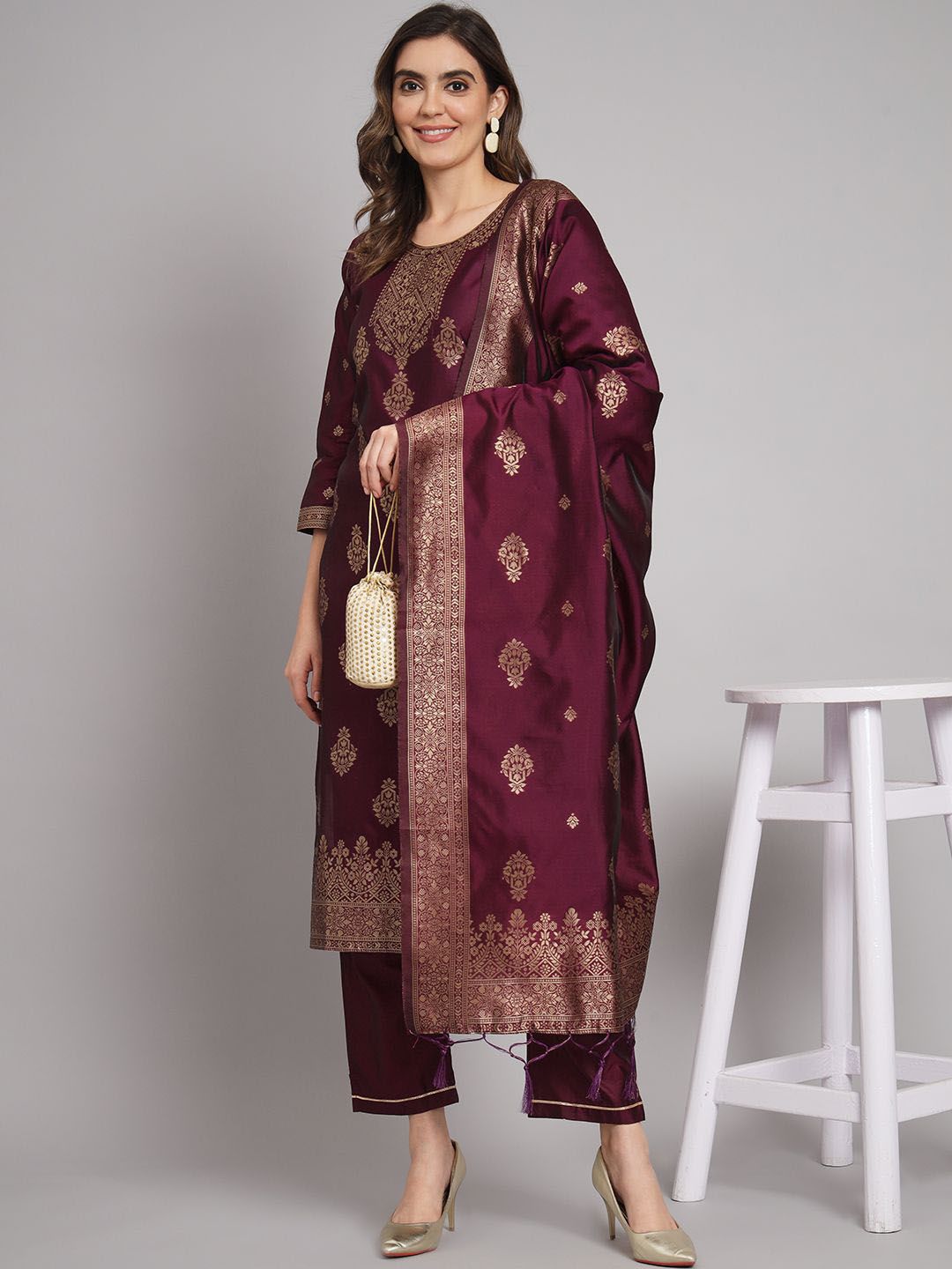 VredeVogel Women Woven Design Kurta with Trousers & Dupatta
