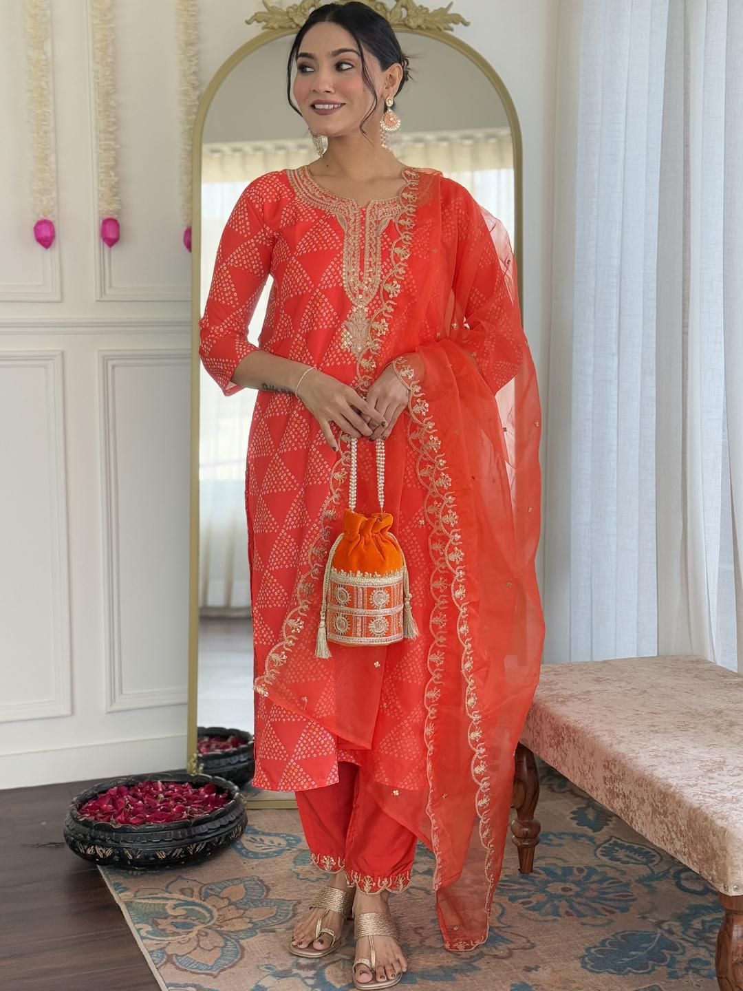 CaniBani Ethnic Motifs Printed Sequinned Straight Kurta With Trousers &  Dupatta