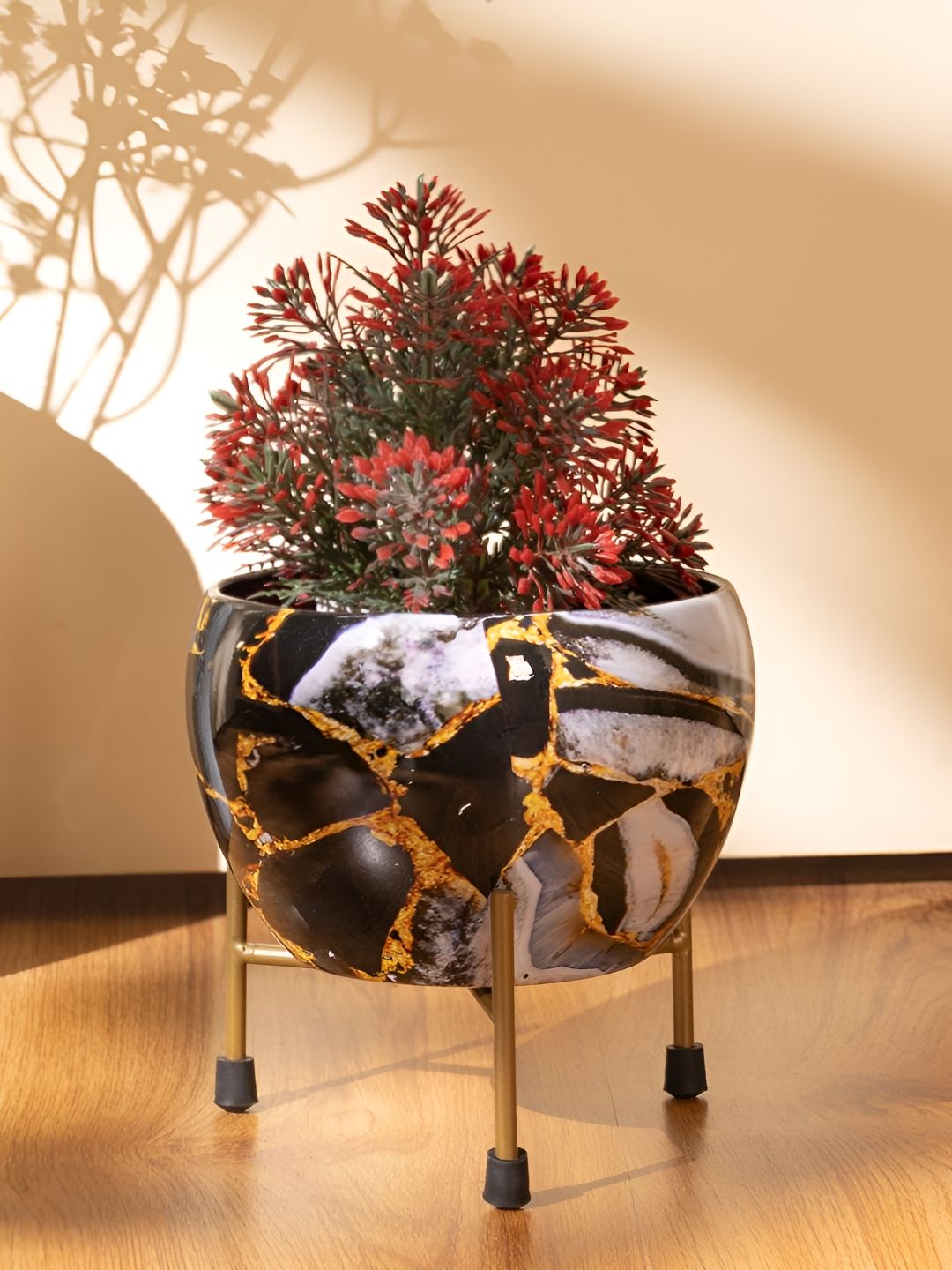THREADVIBE LIVING Black & White Round Iron Metal Meena Pots With Iron Stand-image-27