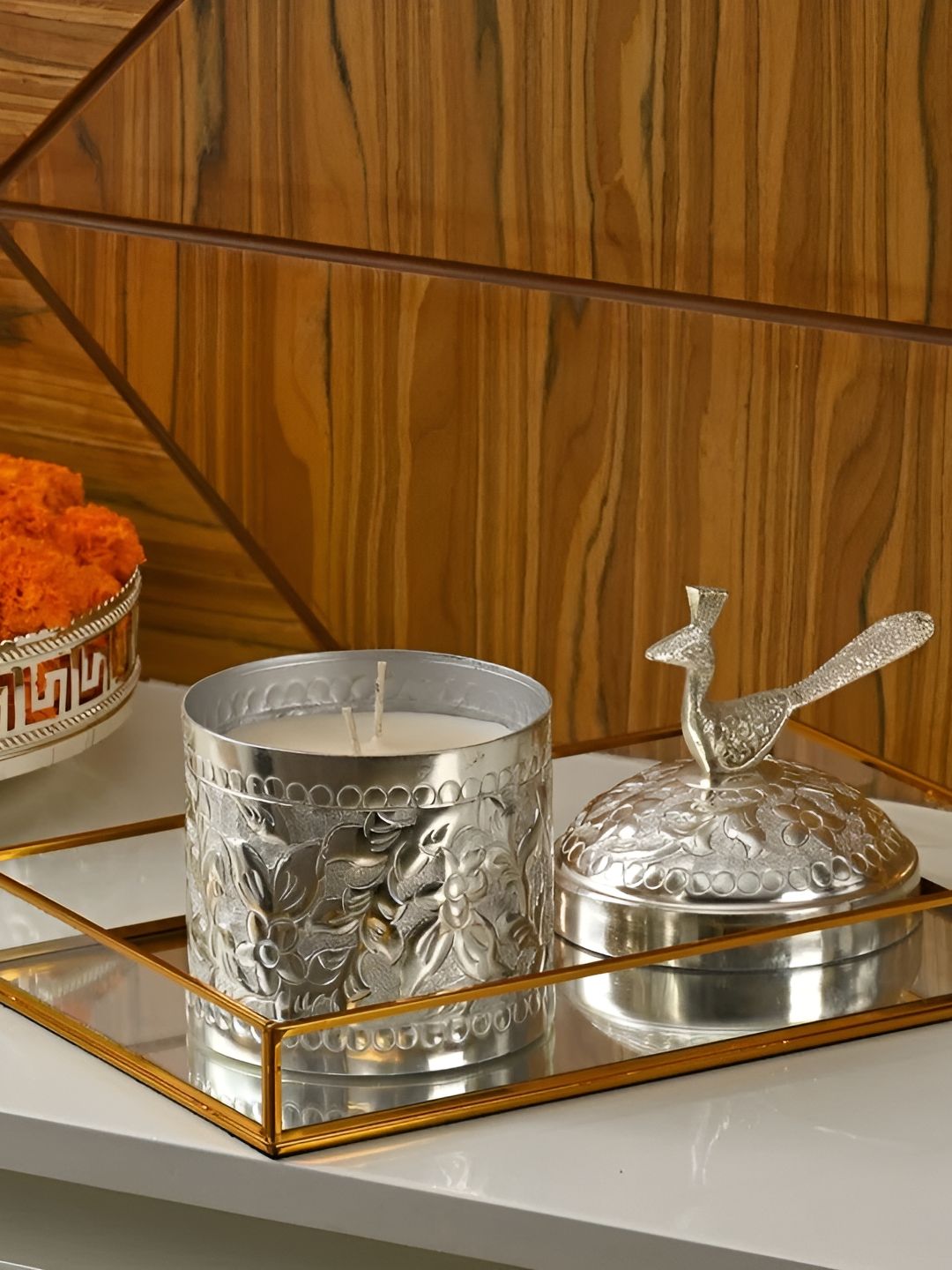 SITARRA LIVING Silver-Toned Regal Peacock Candle-picture-27