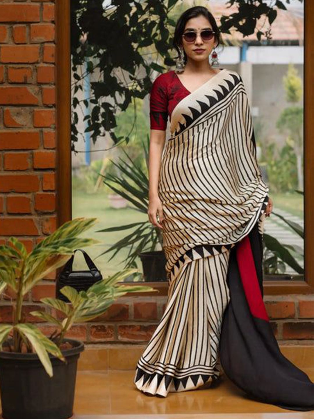 MySilkLove Pearl White and Black Ajrakh Printed Satin Saree-picture-54