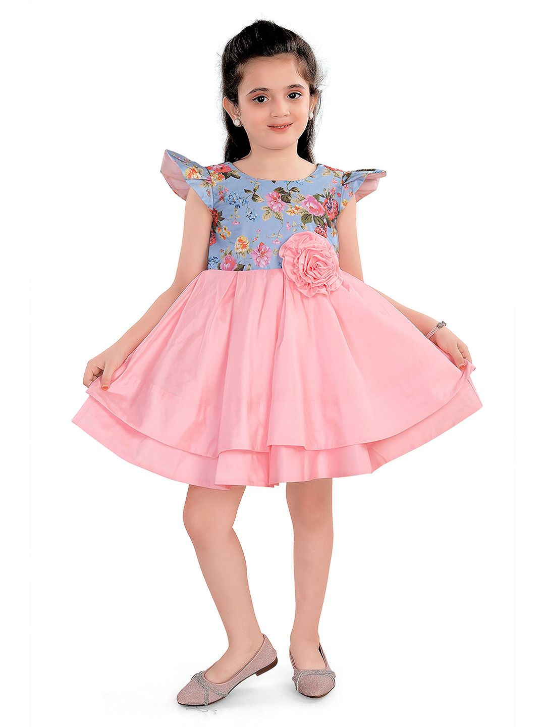 Pragya Exclusive Girls Floral Printed Flutter Sleeves Layered Fit & Flare Dress-picture-40