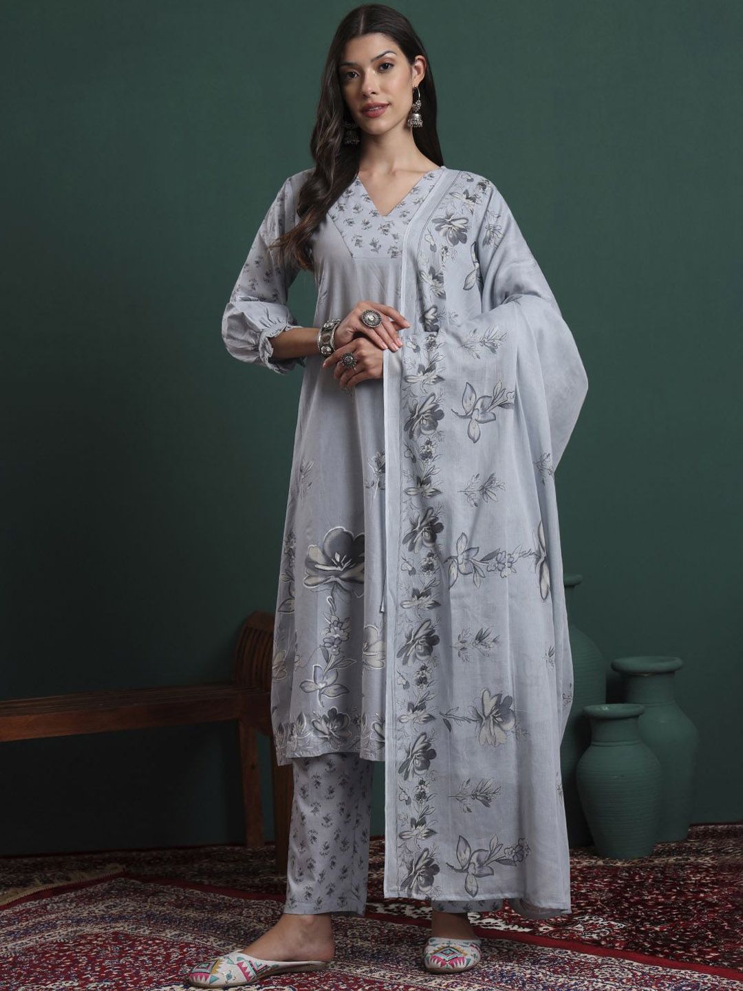 Yufta Floral Embroidered Pure Cotton V-Neck A-Line Kurta With Trousers And Dupatta
