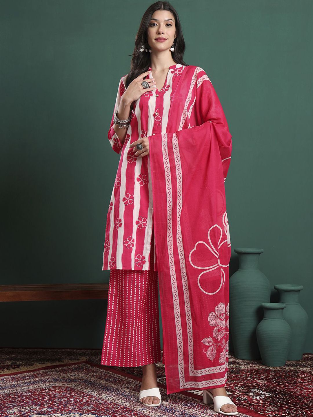 Yufta Women Striped Regular Pure Cotton Kurta with Palazzos & With Dupatta