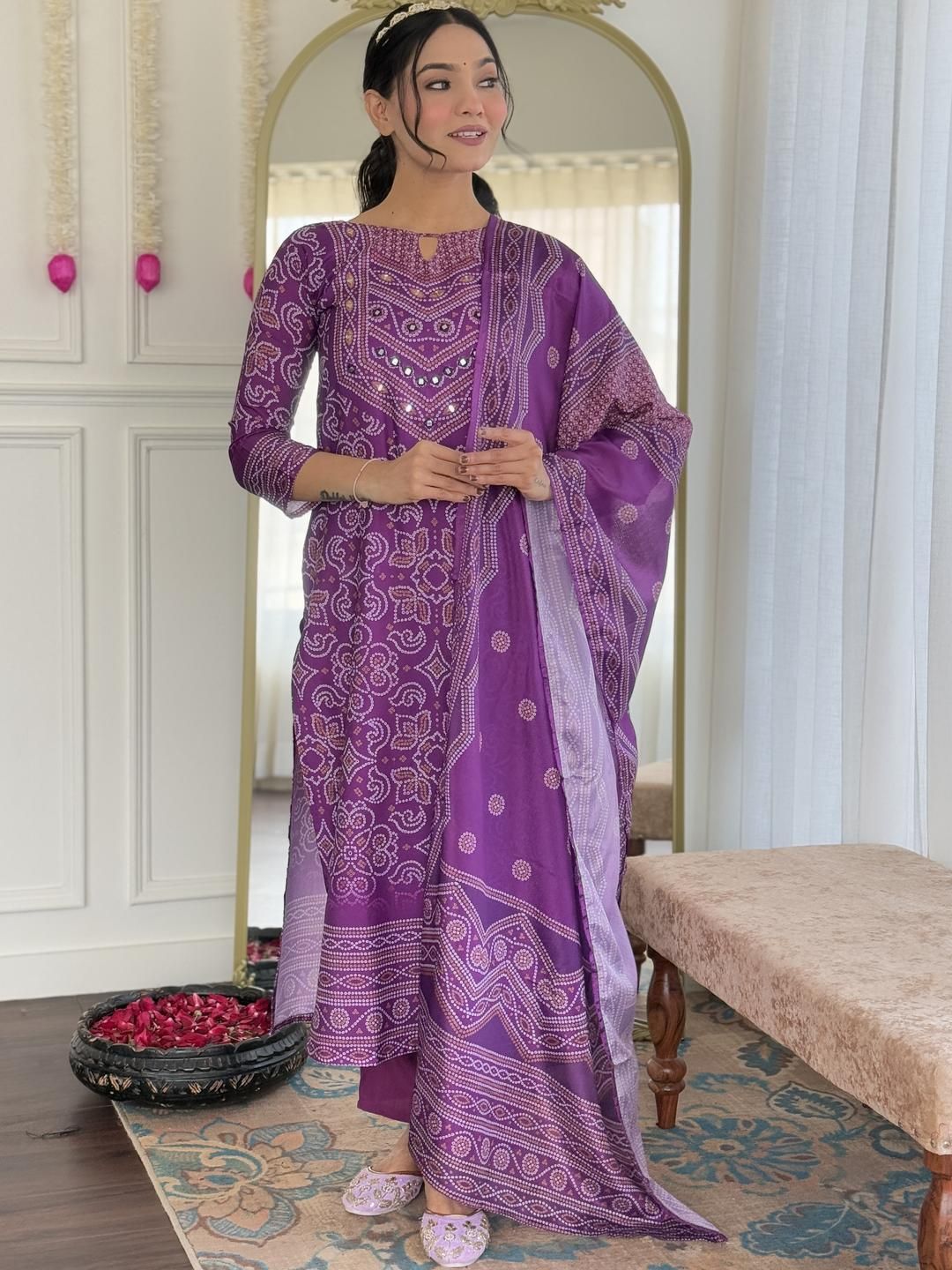 CaniBani Bandhani Printed Keyhole Neck Mirror Work Straight Kurta with Trousers & Dupatta