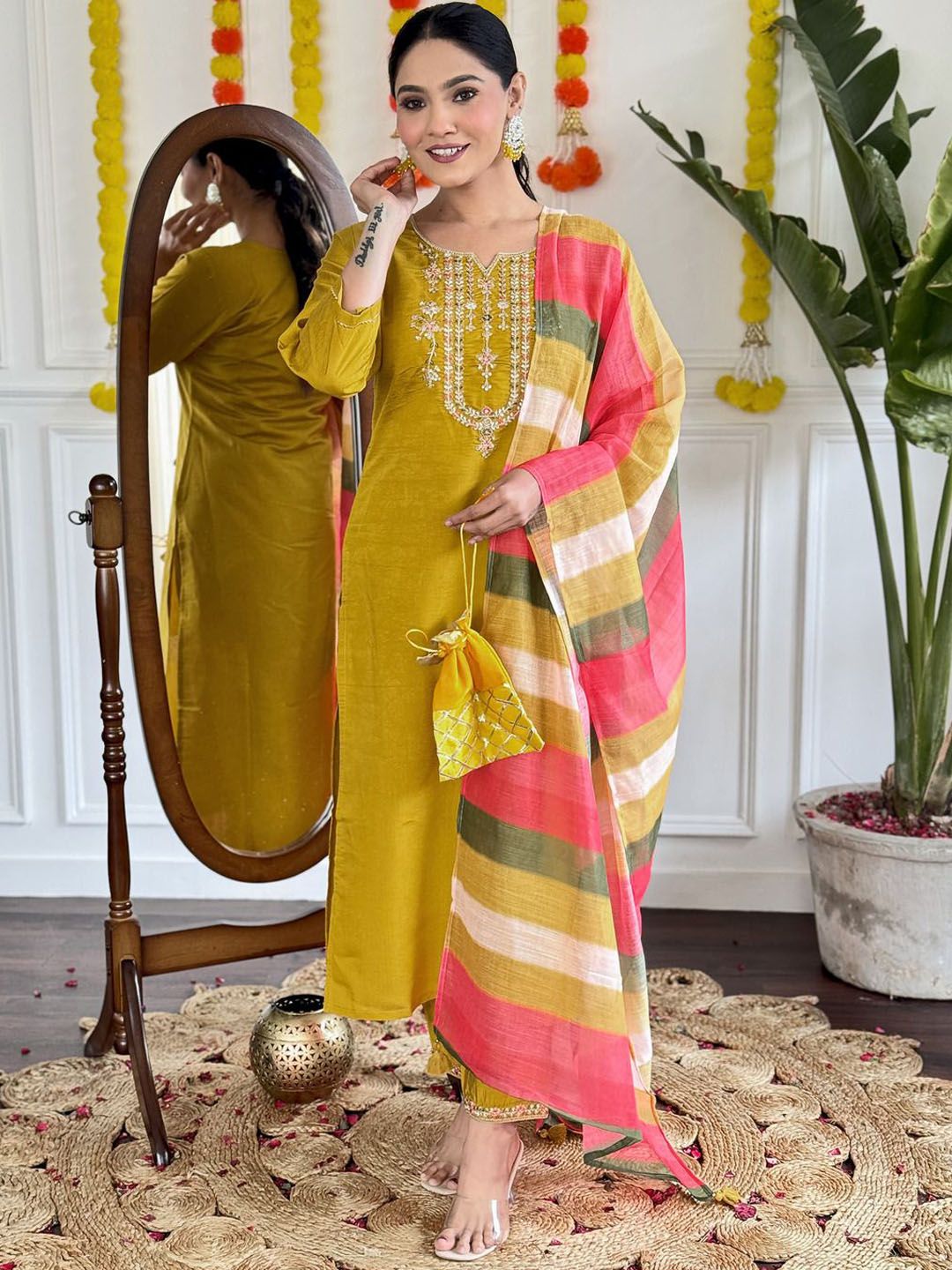 Moda Rapido Floral Embroidered Round Neck Kurta With Trousers & Dupatta