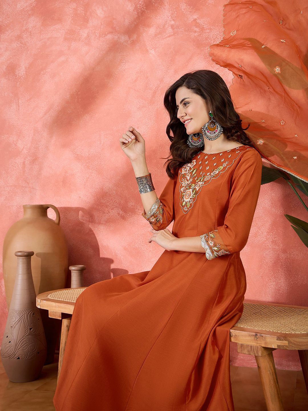 Sangria Women Ethnic Motifs Embroidered Zari Straight Kurta With Trousers & Dupatta