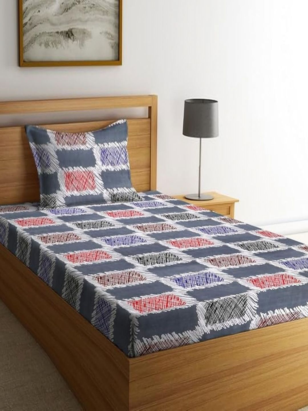 Quirky Home Grey & Blue Geometric 180 TC Single Bedsheet with 1 Pillow Covers-image-31
