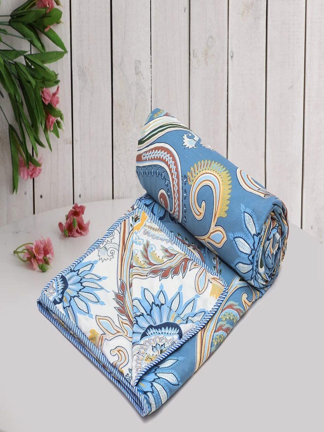 Aura Blue & White Ethnic Motifs Microfiber AC Room 150 GSM Single Bed Dohar-image-38