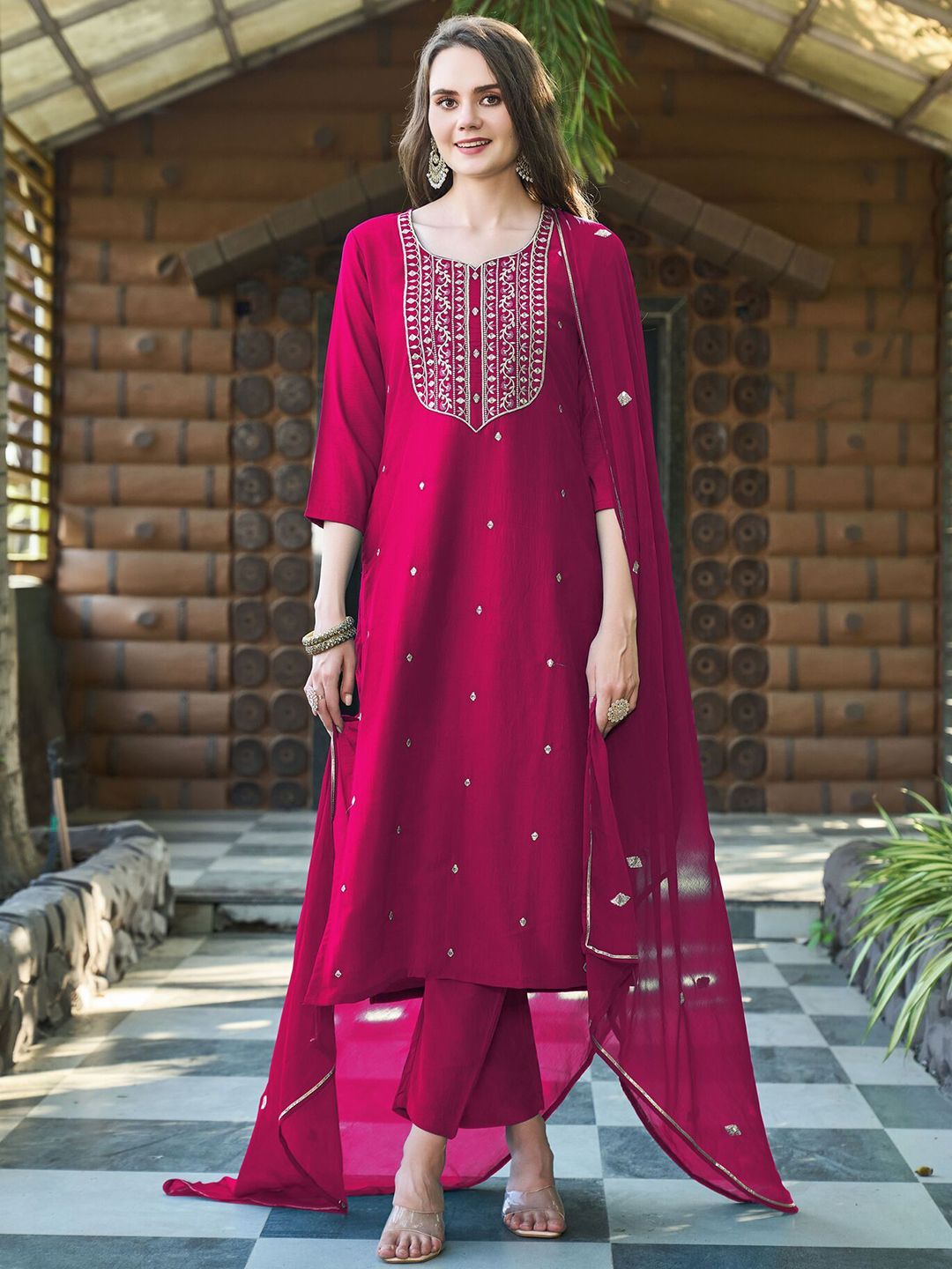 GoSriKi Women Floral Embroidered Kurta with Trousers & Dupatta