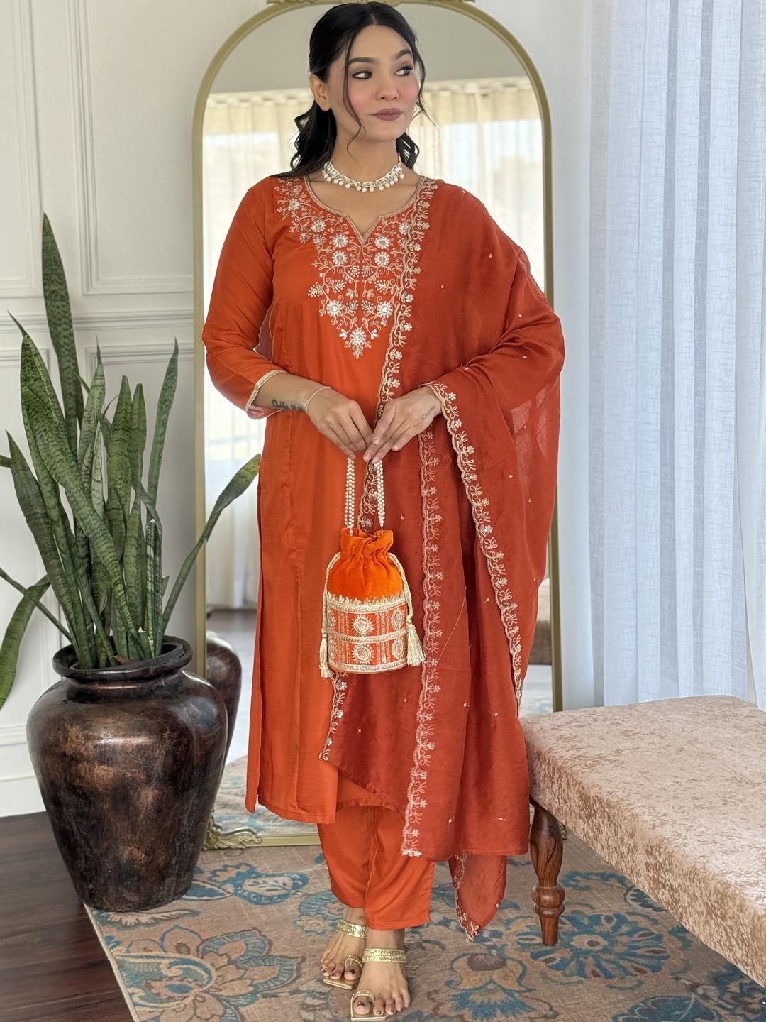 CaniBani Floral Yoke Design Notch Neck Chanderi Silk Straight Kurta with Trouser & Dupatta