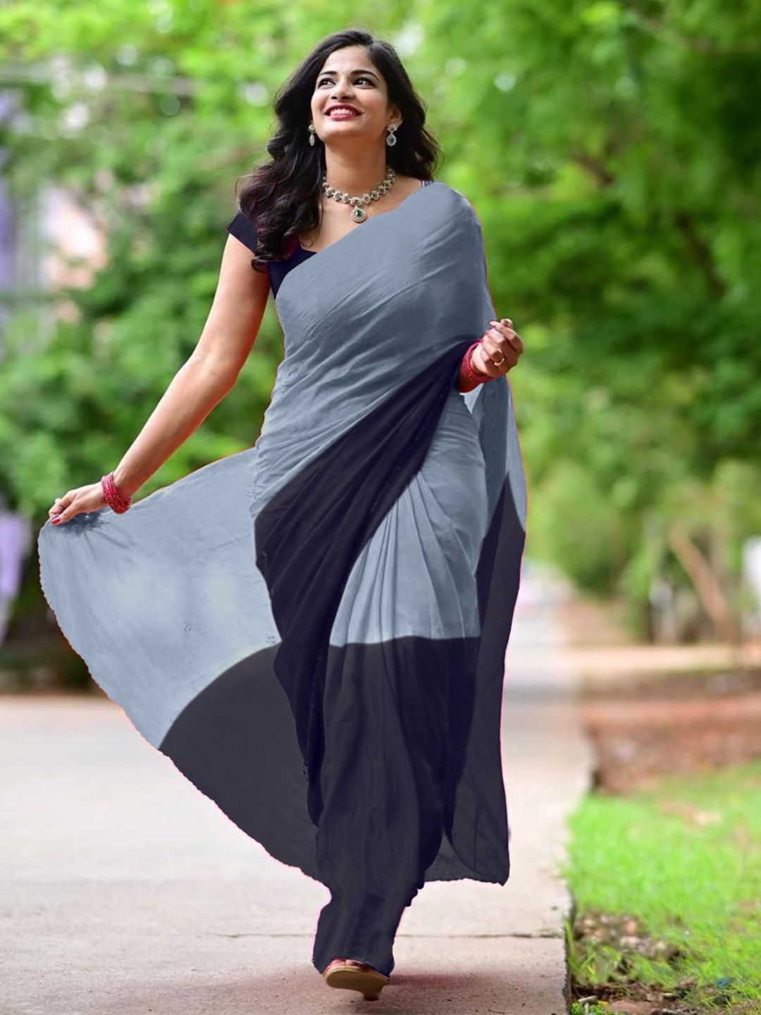 HERE&NOW Solid Colourblocked Half and Half Saree-picture-26