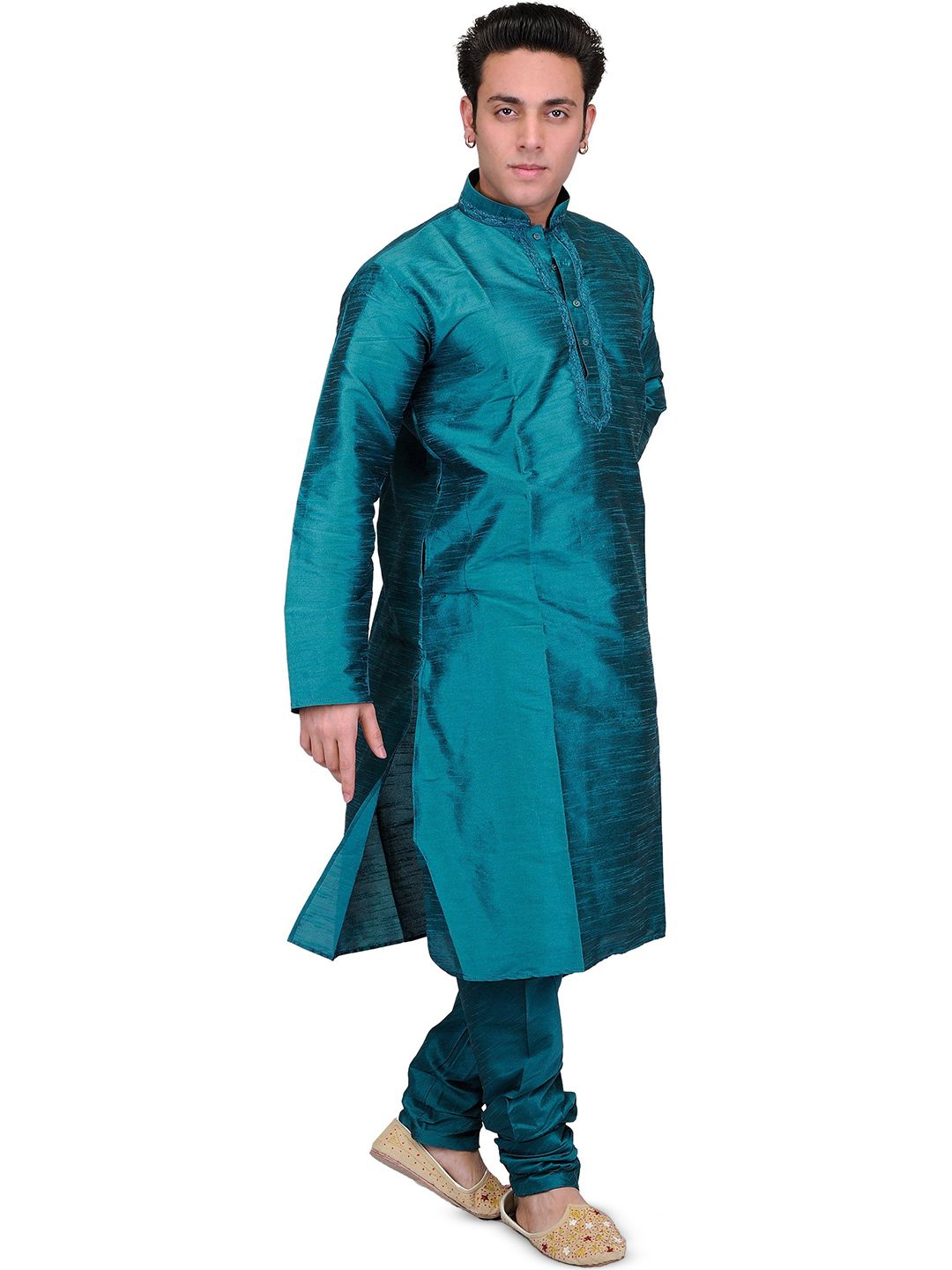 Exotic India Men Teal-Green Art Silk Plain Wedding Kurta Pajama with Embroidery on Neck-picture-29