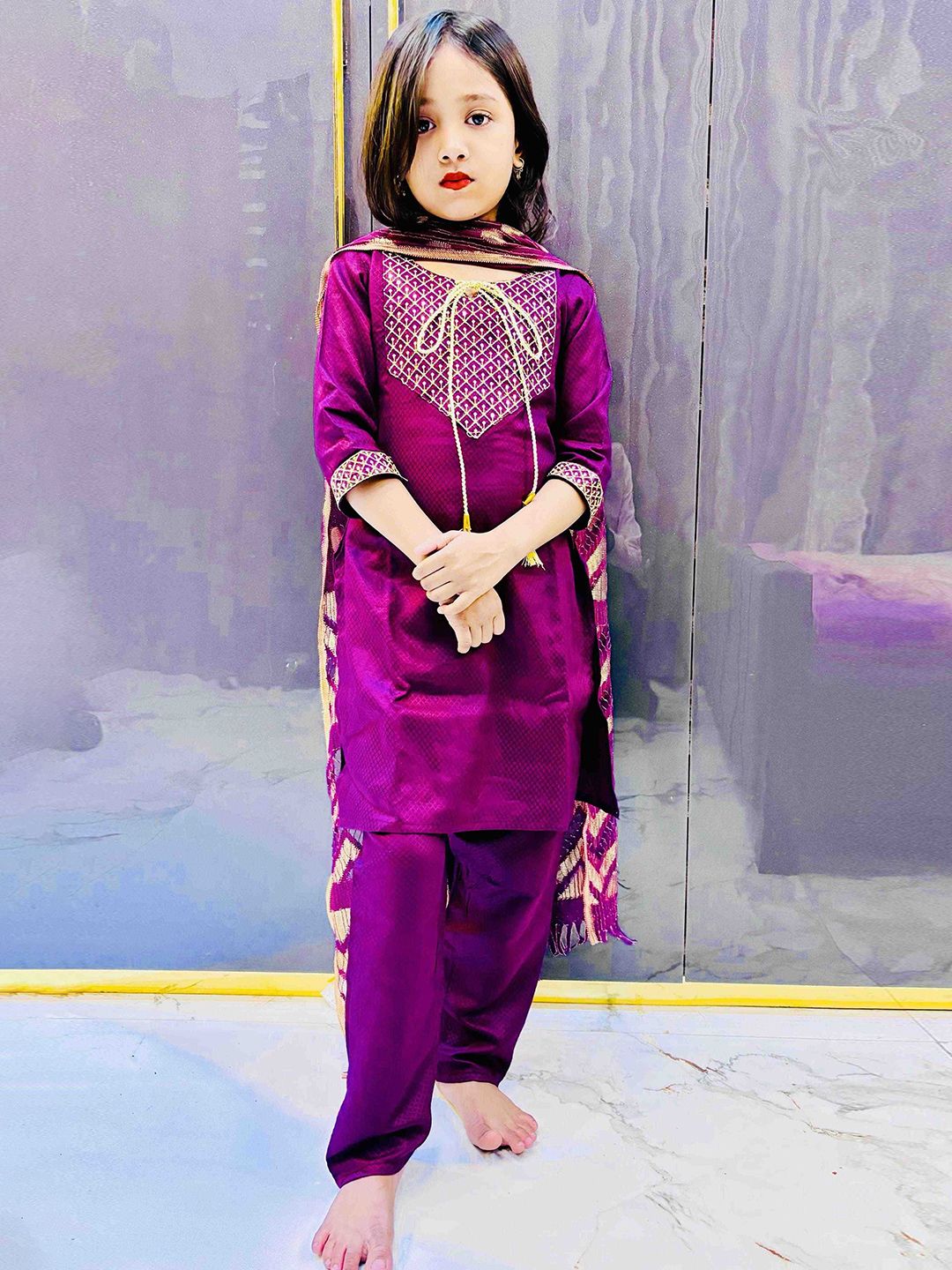 BARKAT DESIGNING PLANET Girls Ethnic Motifs Gotta Patti Kurta with Trousers & Dupatta