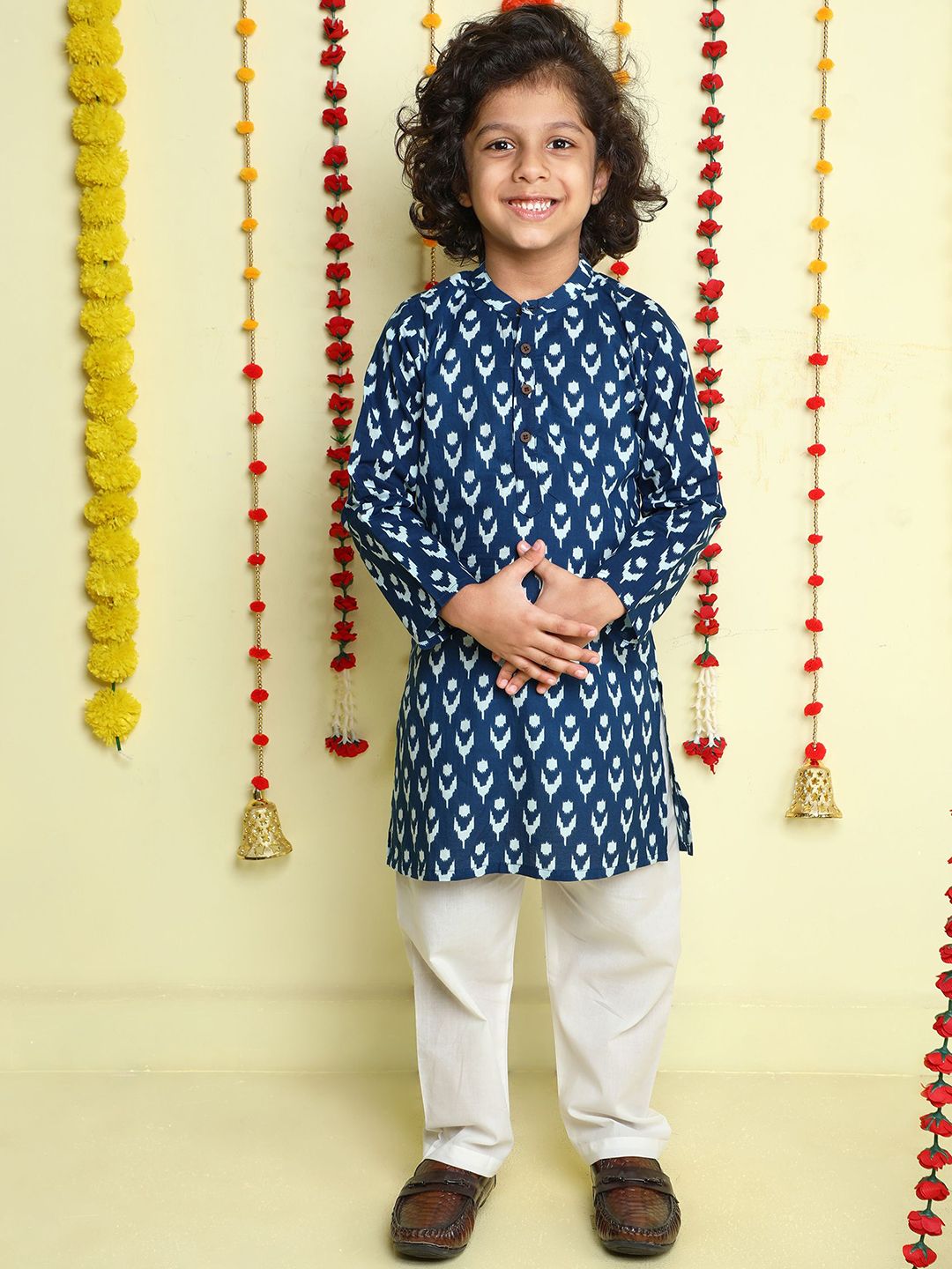 The Magic Wand Boys Geometric Printed Band Collar Pure Cotton Kurta With Pyjamas-picture-56