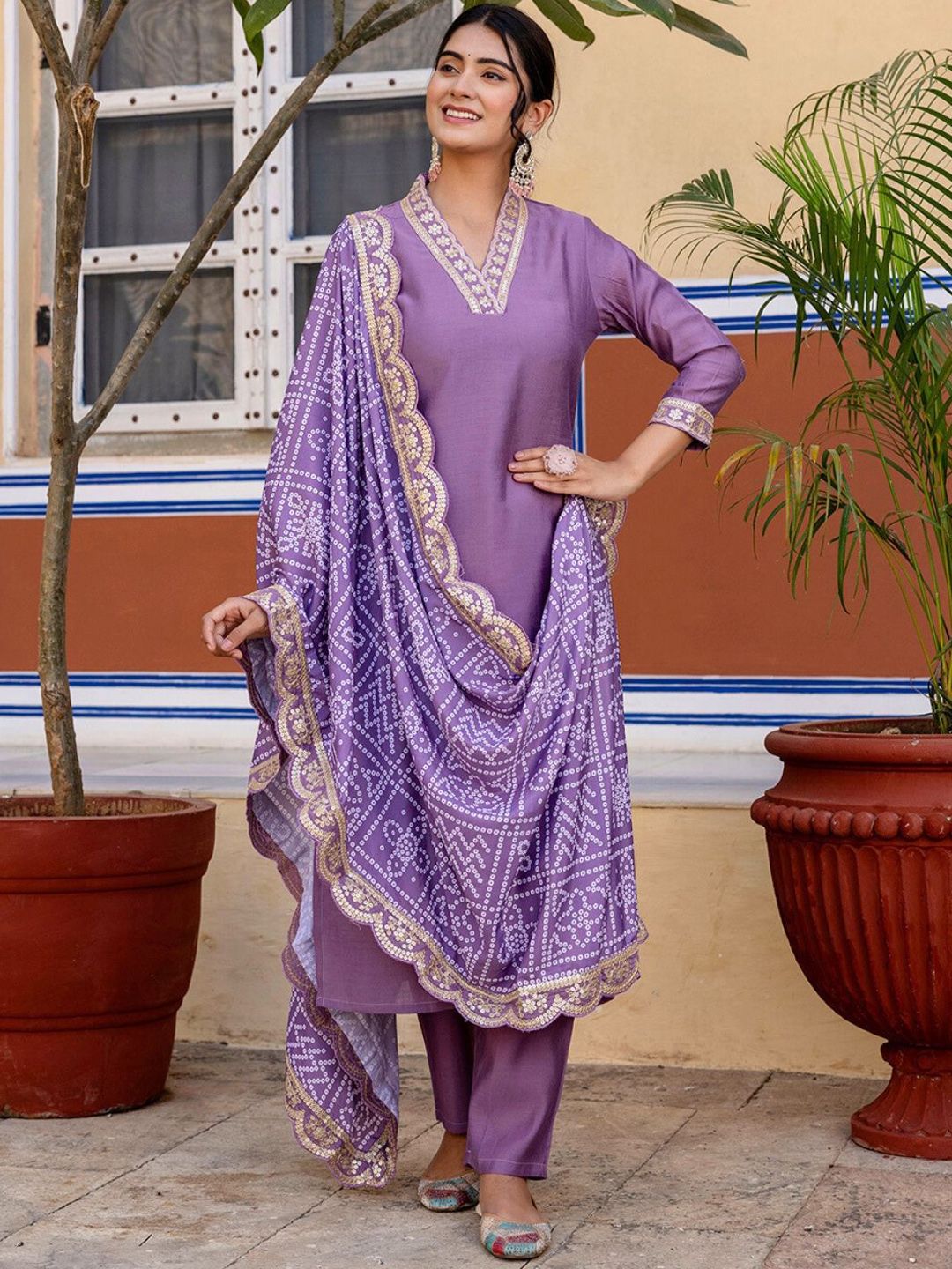 KALINI Floral Yoke Design V-Neck Thread Work Straight Kurta With Trousers & Dupatta