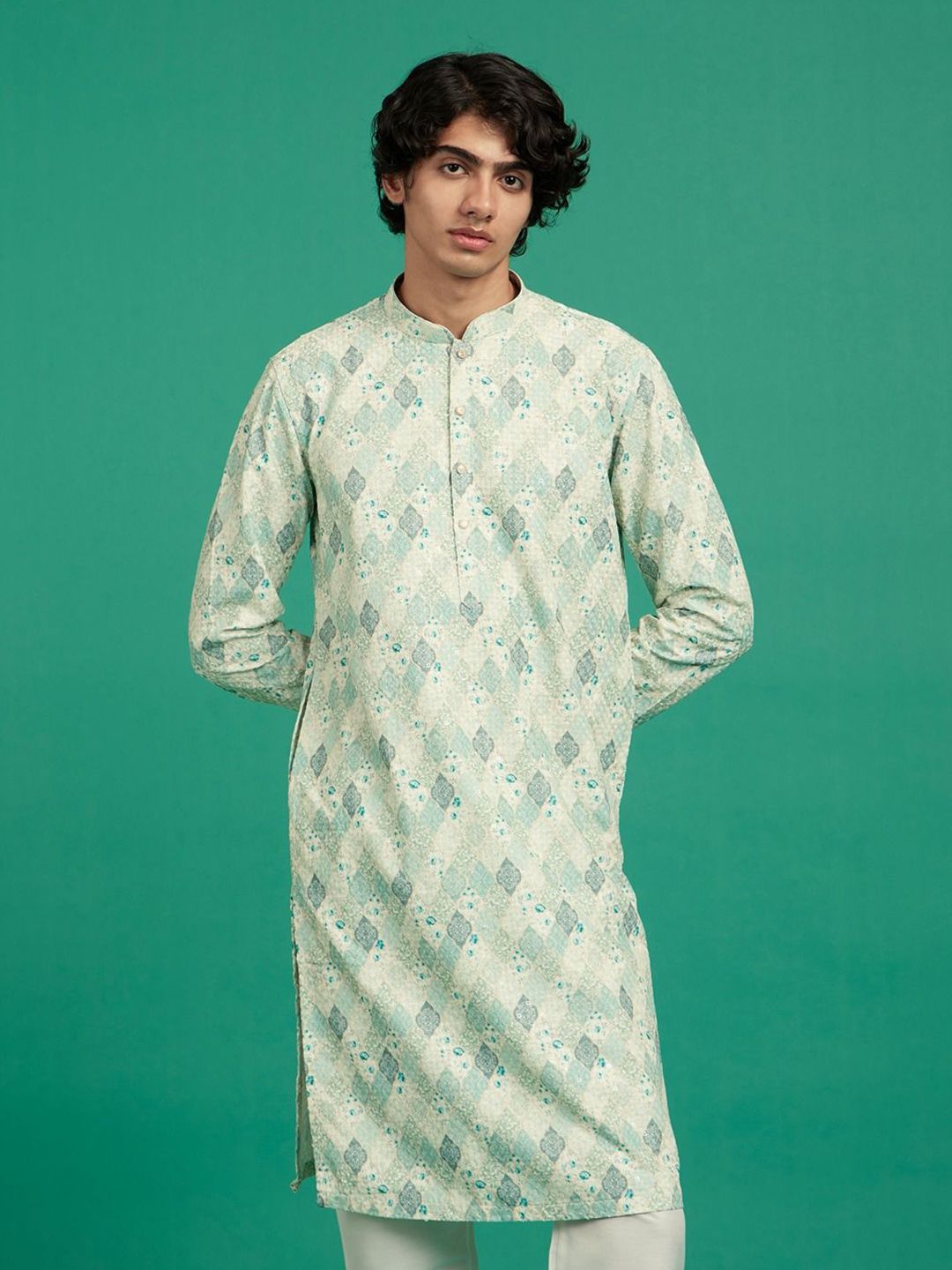 Diwas by Manyavar Floral Printed Mandarin Collar Thread Work Straight Kurta-picture-14