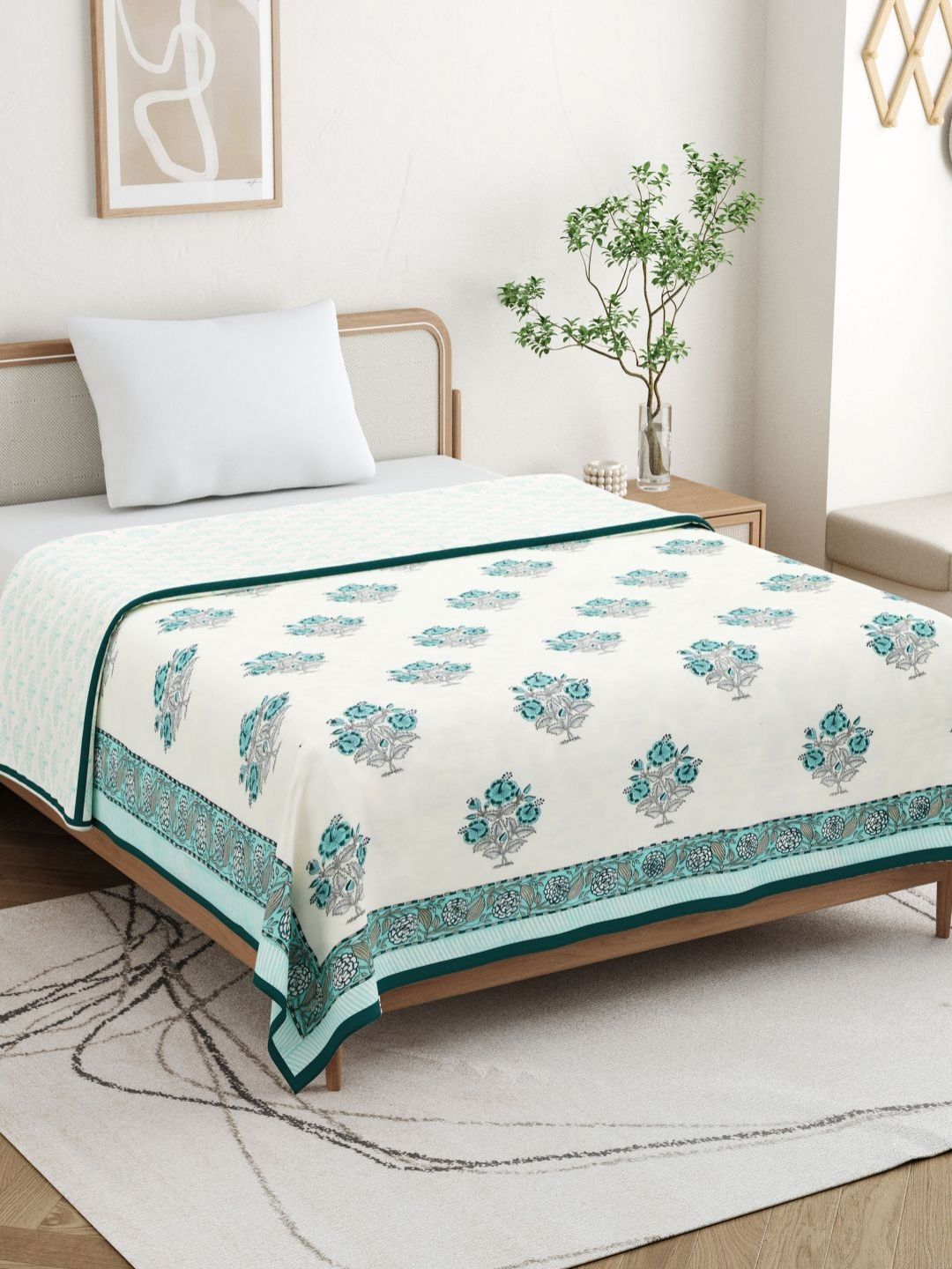 BLOCKS OF INDIA Turquoise Blue & White Ethnic Motifs AC Room 150 GSM Double Bed Dohar-image-47