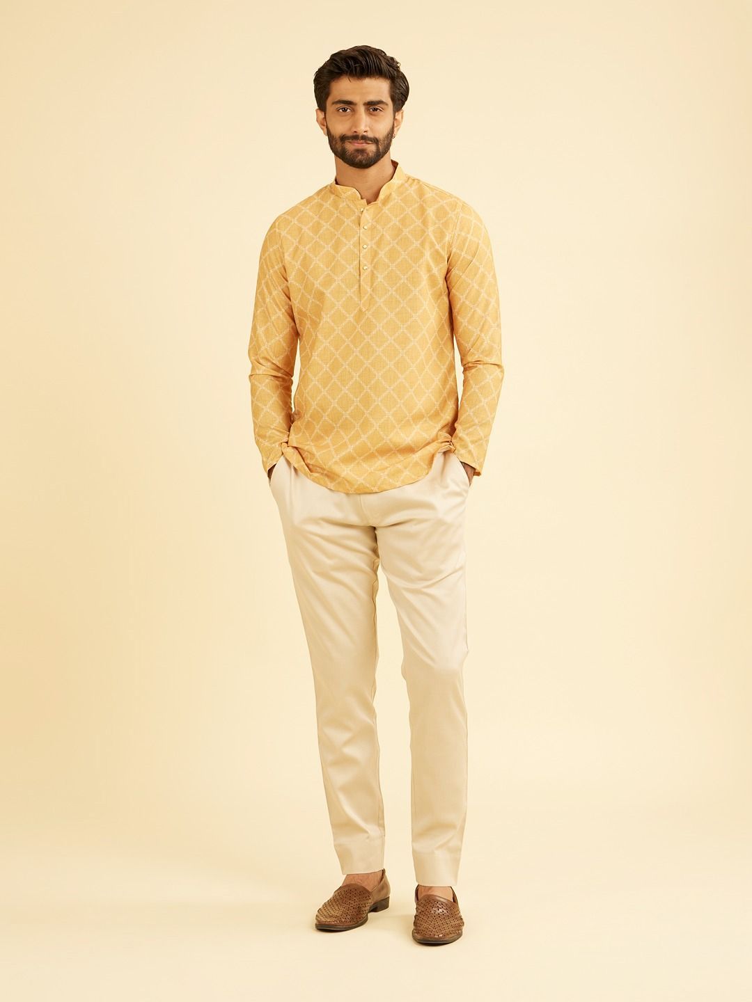 Manyavar Men Checked Printed Mandarin Collar Cotton Short Kurta-picture-41