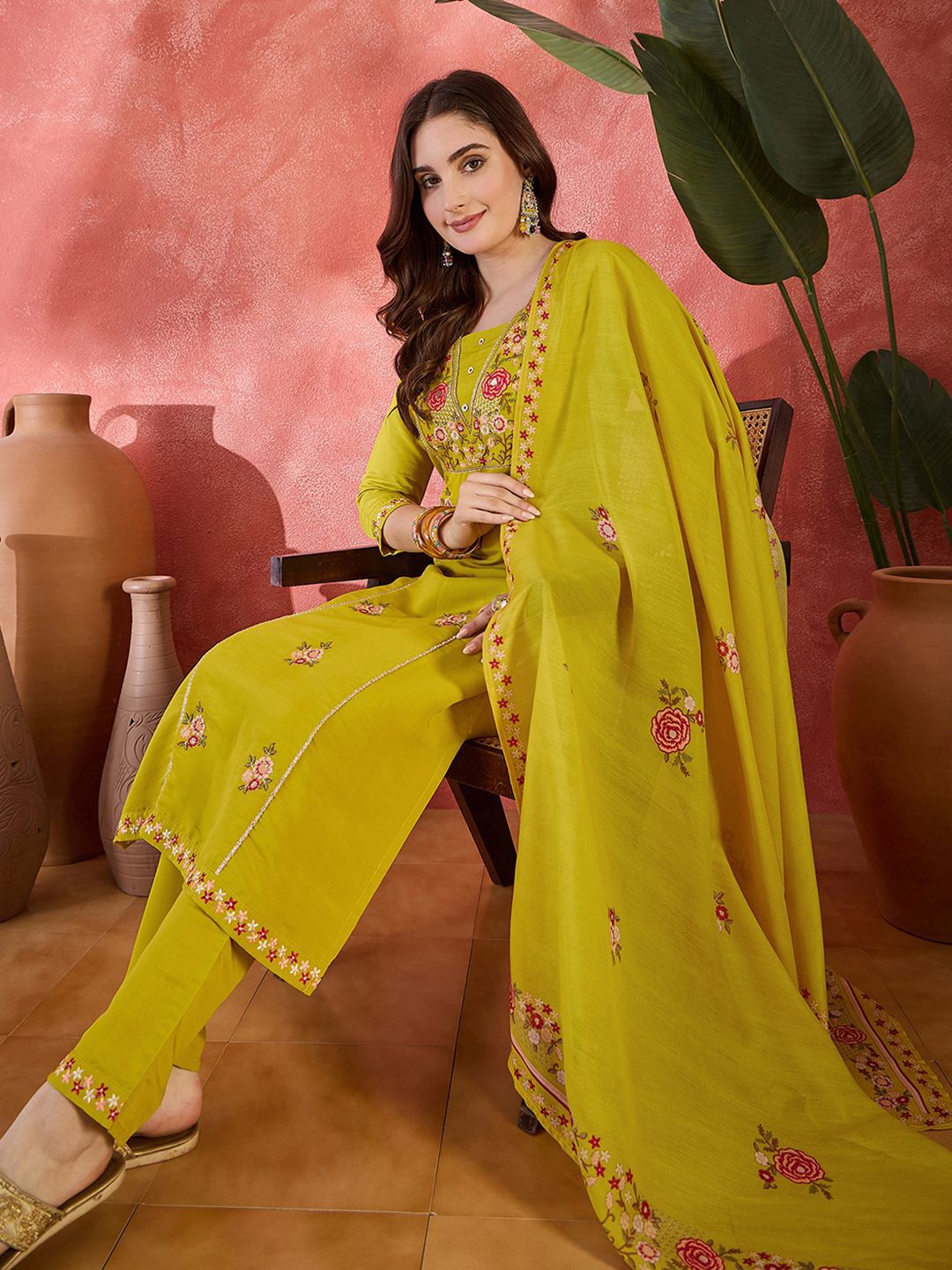 Sangria Floral Embroidered V-Neck Thread Work Straight Kurta & Trousers With Dupatta