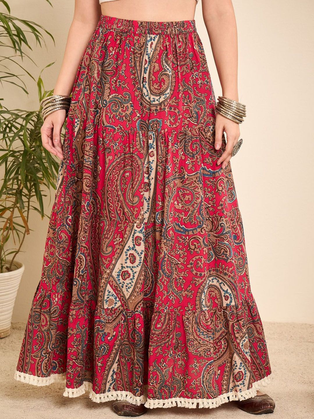 WineRed Paisley Printed Cotton Tiered Maxi Skirt-image-47