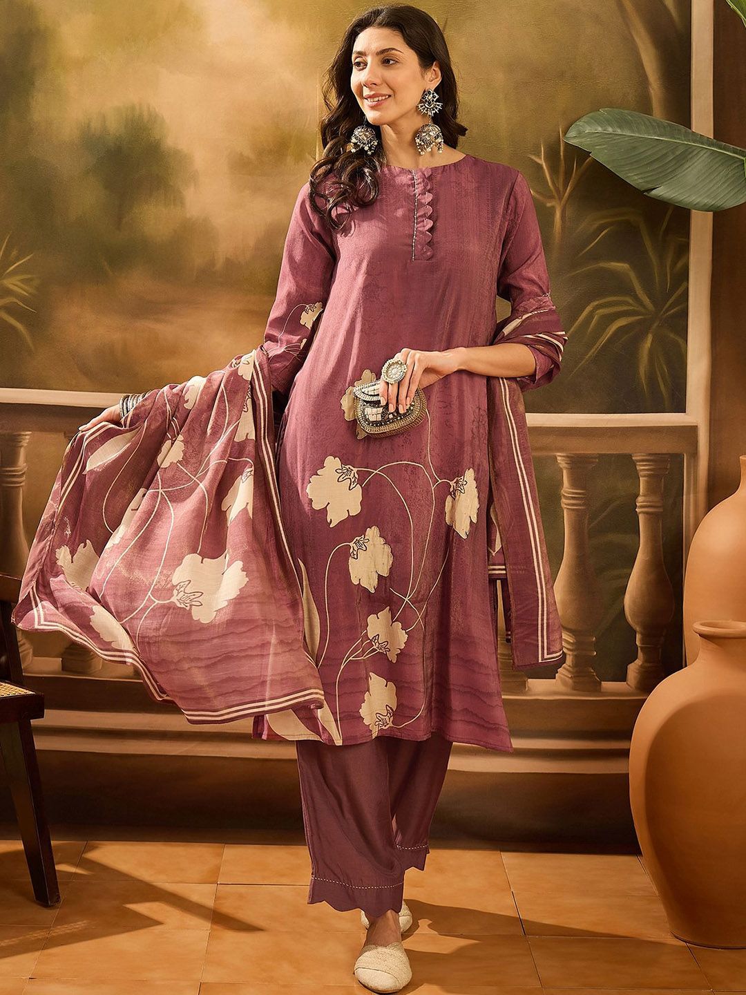 Sangria Floral Printed Round Neck Straight Kurta With Palazzos & Dupatta