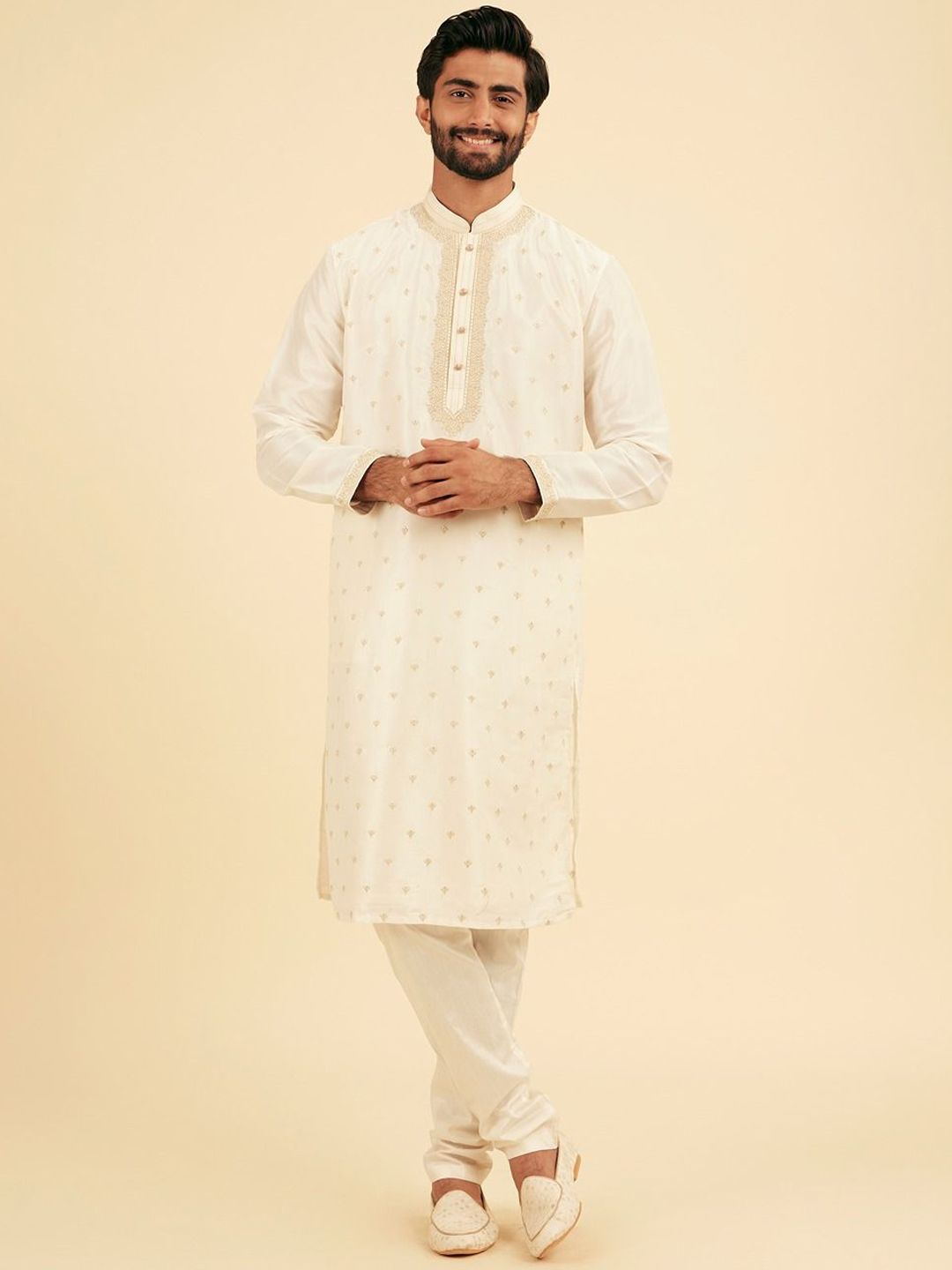 Manyavar Floral Embroidered Mandarin Collar Thread Work Straight Kurta With Churidar-picture-35