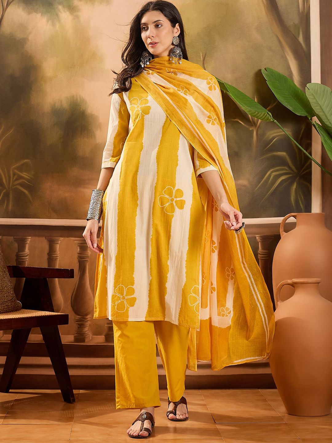 Sangria Women Striped Pure Cotton Straight Kurta & Trousers With Printed Dupatta-image-6