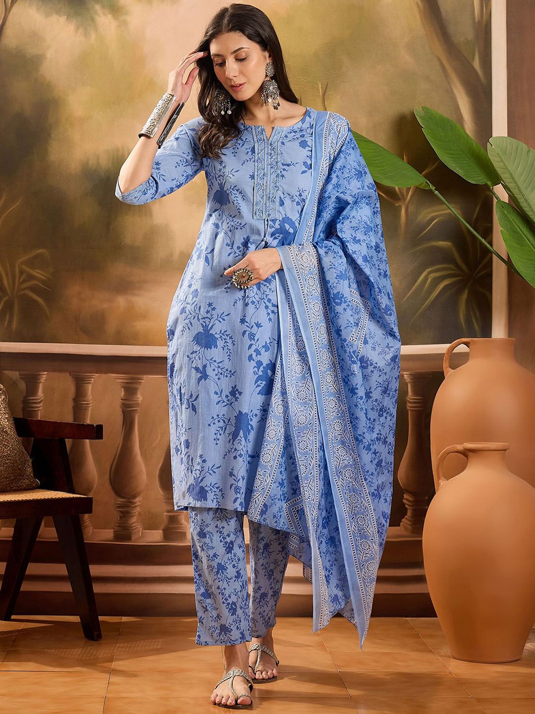 Sangria Floral Printed Notch Neck Pure Cotton Straight Kurta With Trousers & Dupatta-picture-27