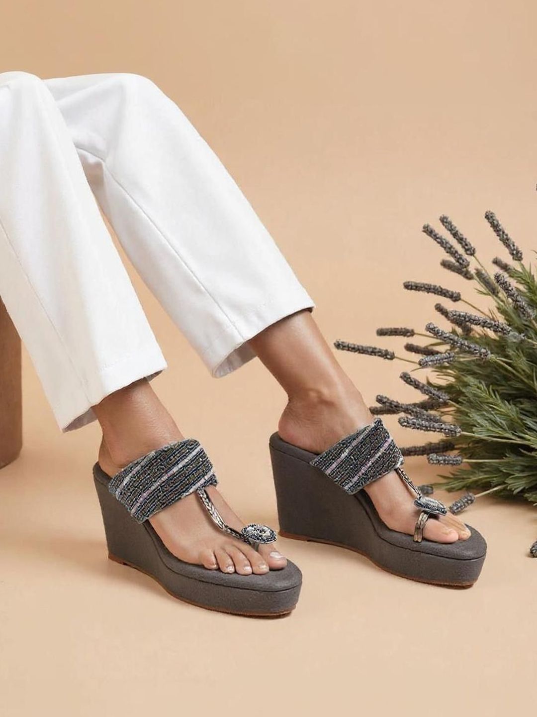 Kneetoes Women Dazzling Charcoal-Grey Beaded Wedge Heels-picture-32