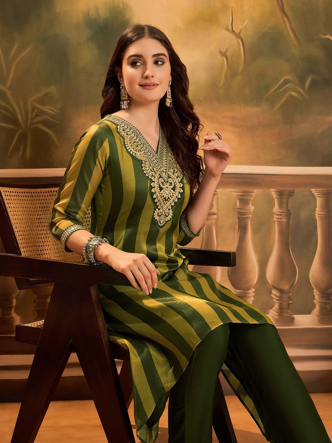 Sangria Women Striped Printed Kurta with Trousers