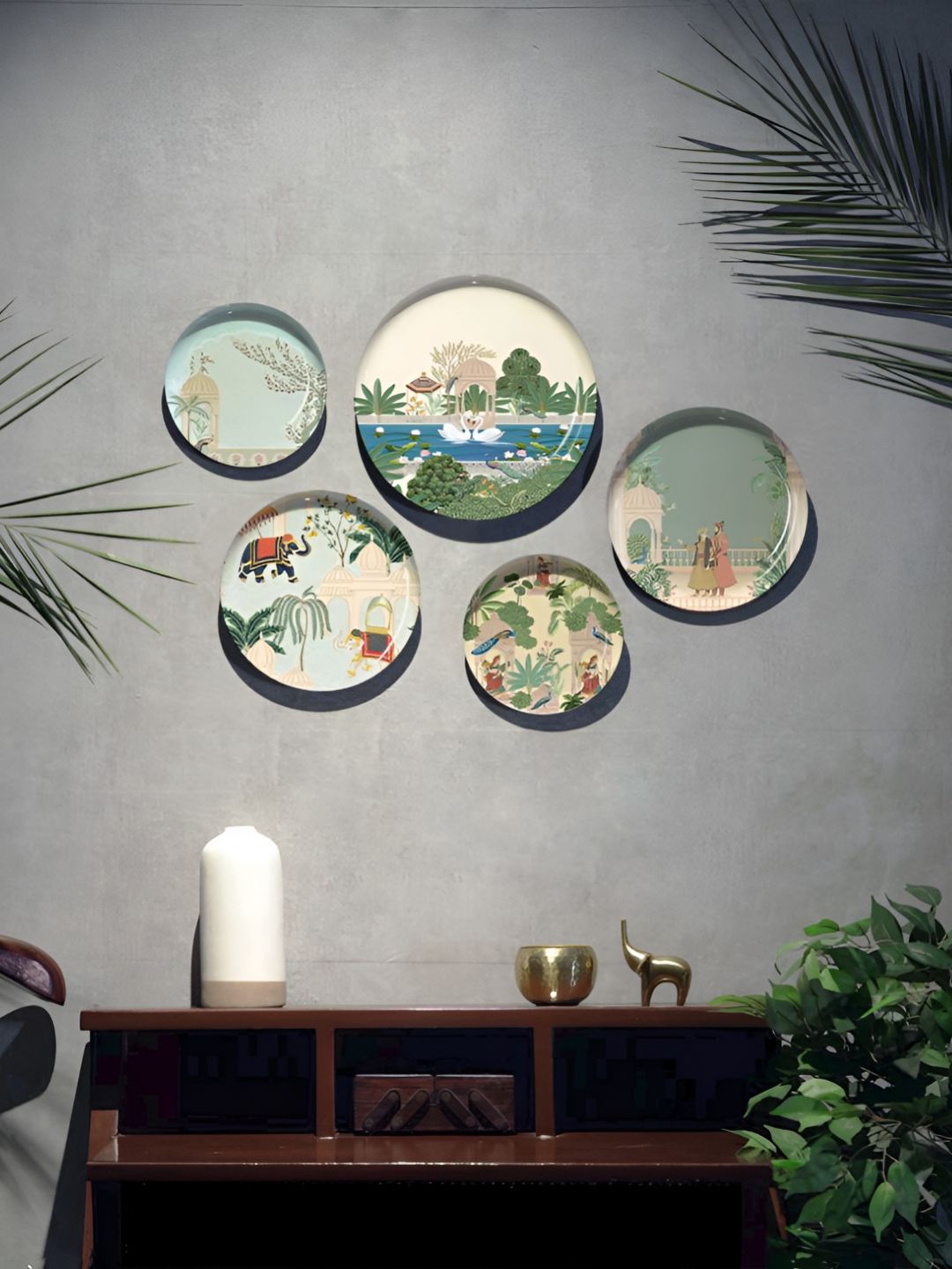DESSINE ART 5-Pcs Green & Beige Printed Pastel Tales Wall Plates Decor-picture-17