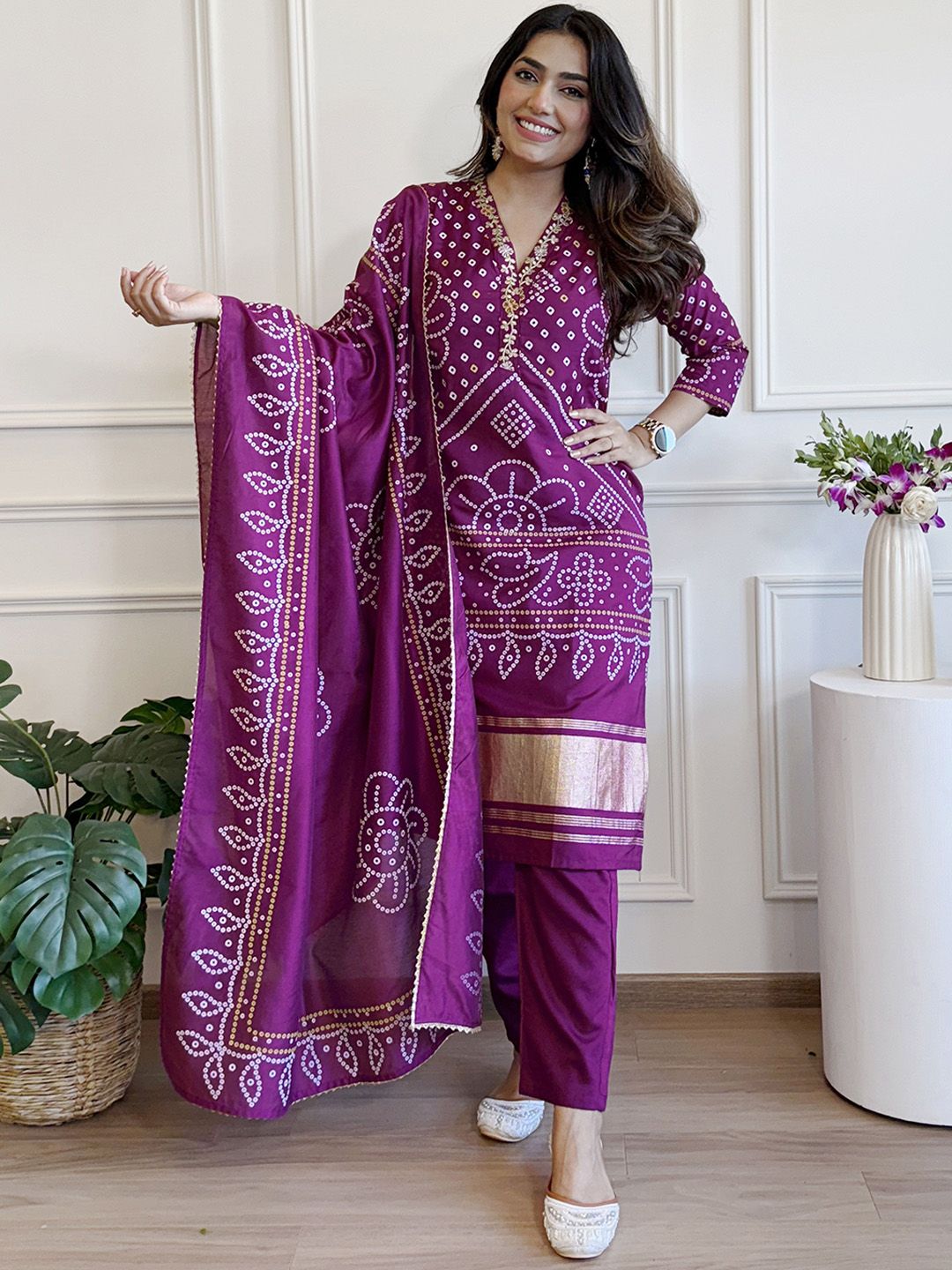 Divyadham Textiles Bandhani Printed Chanderi Silk Straight Kurta With Trousers & Dupatta
