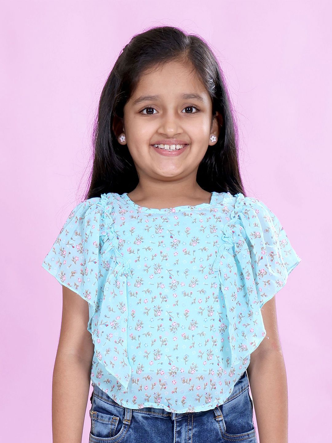 KiddoPanti Girls Floral Printed Flared Sleeves Crop Top-image-2