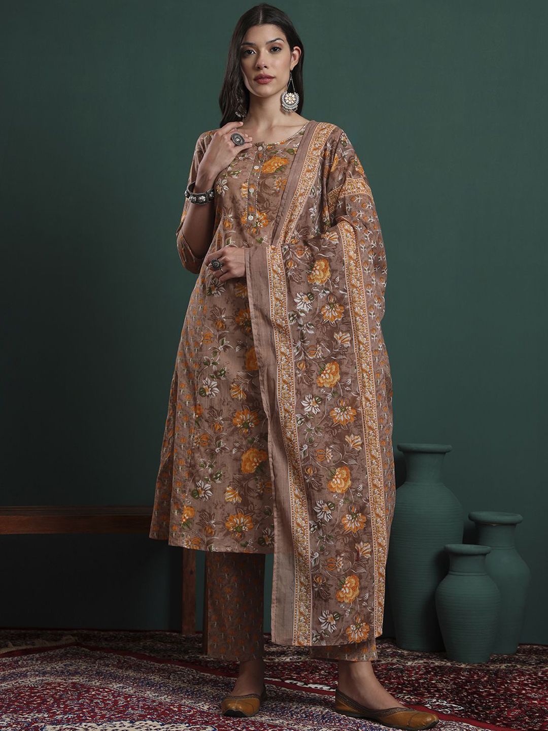 Yufta Women Floral Embroidered Cotton Kurta with Trousers & Dupatta