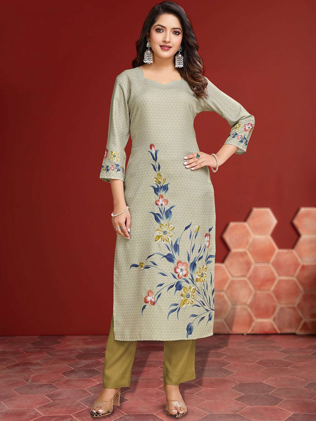 MOJILAA Women Floral Printed Regular Sequinned Linen Kurta with Trousers