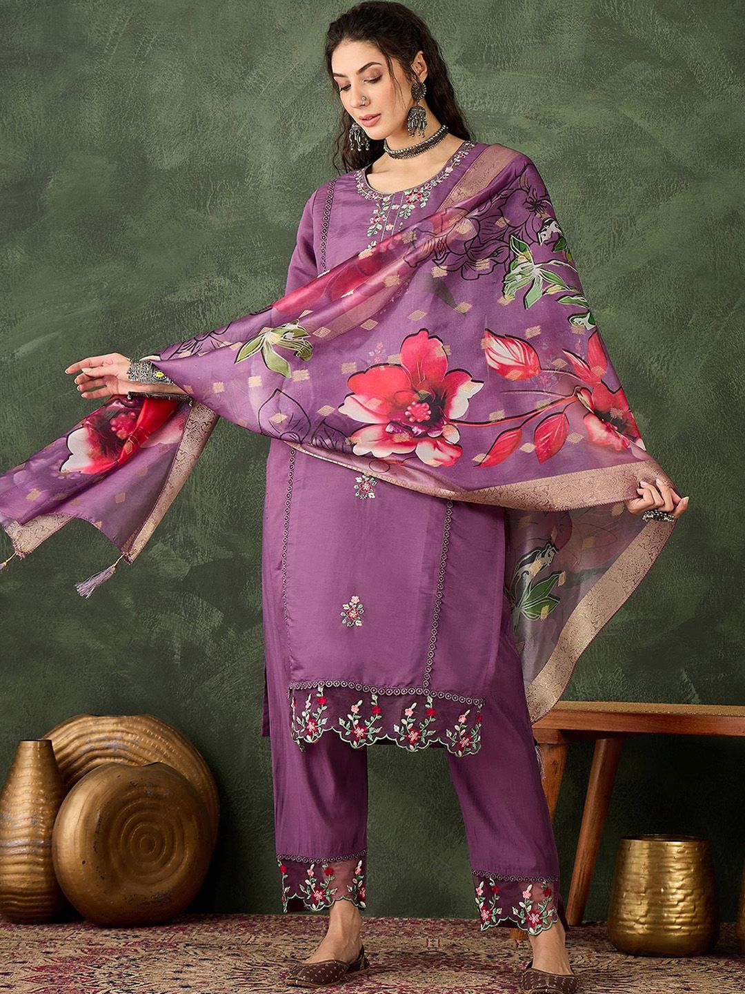 VredeVogel Floral Embroidered Sequinned Kurta With Trousers & Dupatta