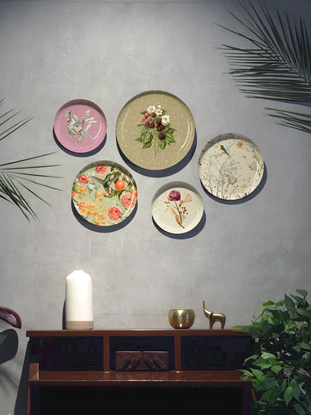 DESSINE ART 5-Pcs Green & Beige Printed Botanic Bliss Wall Plates Decor-image-5
