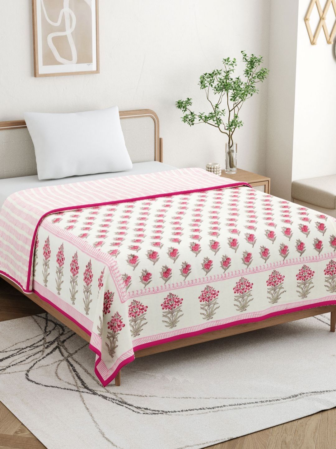 BLOCKS OF INDIA Pink & White Ethnic Motifs AC Room 150 GSM Double Bed Dohar