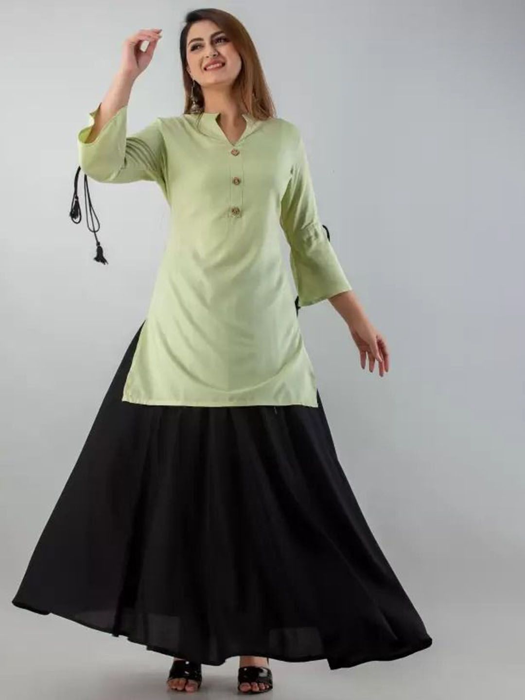 TRY LUCK FASHION Women Mandarin Collar Straight Kurta with Skirt