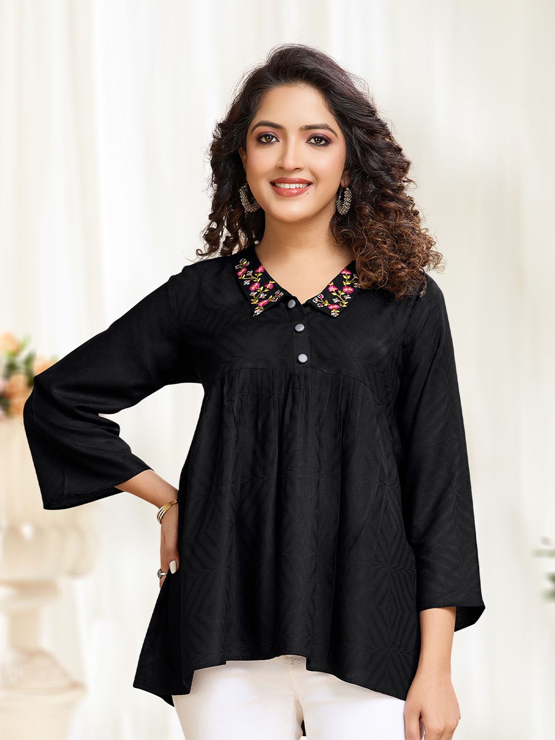 MOJILAA Women Shirt Collar Floral Embroidered A-Line Top-picture-35