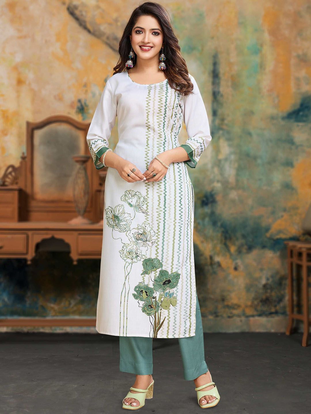 MOJILAA Women Printed Regular Sequinned Linen Kurta with Trousers Kurta Sets